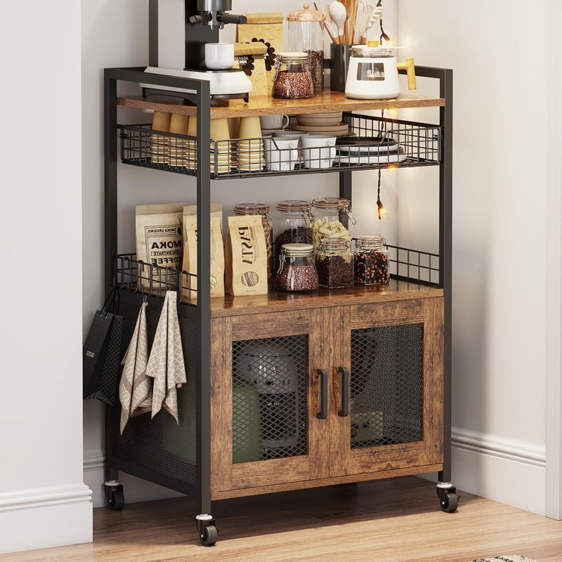 Hencawima Coffee Bar Cabinet, 3 Tier Coffee Station Table on Wheels, 35.9" H Bar Cart with Wire Basket Drawer & 5 Hooks for Home Kitchen, Liquor Buffet Sideboard Cabinet (Rustic Brown) - Image 1